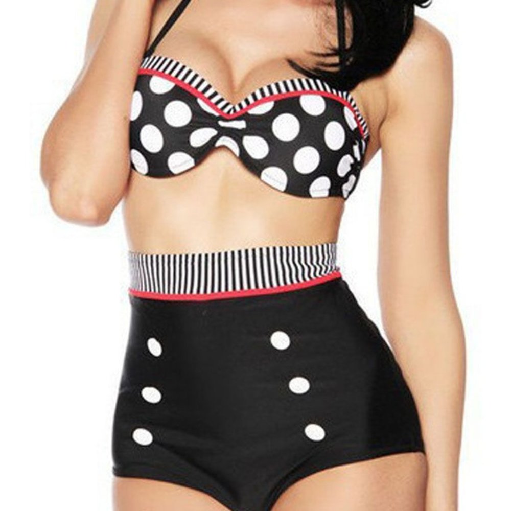 Sailor Style High Waist Halter Tie Bikini Swimsuit